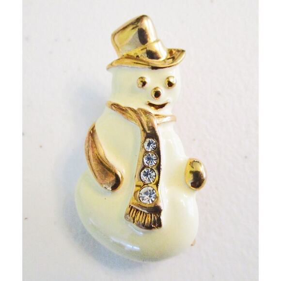 Christmas Pin Snowman Ivory and Gold Enamel Rhinestones Pin Brooch - Picture 1 of 4